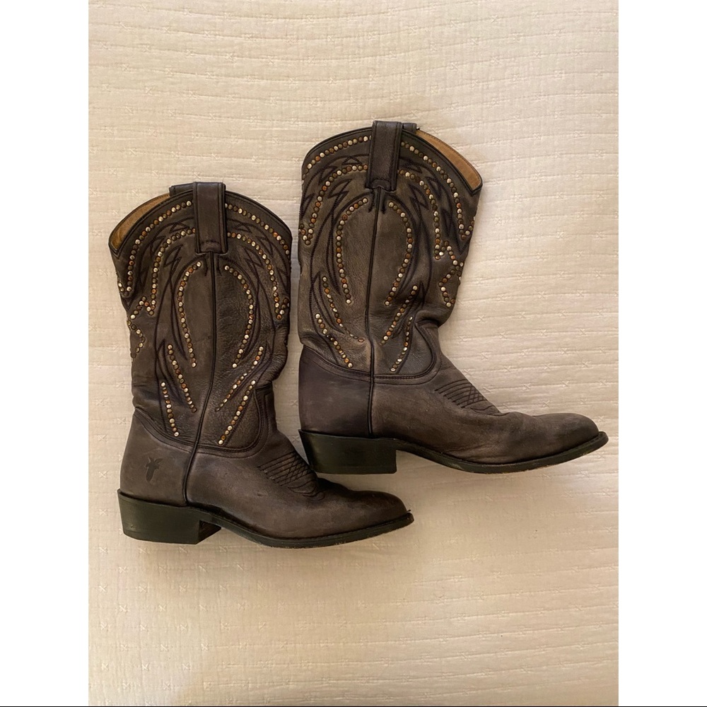 Black Leather Gold Studded Frye Cowboy Boots